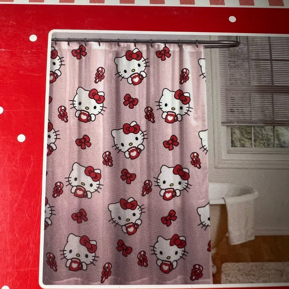 Hello Kitty Gingerbread, Candy Cane, Red Bows pink background Shower Curtain